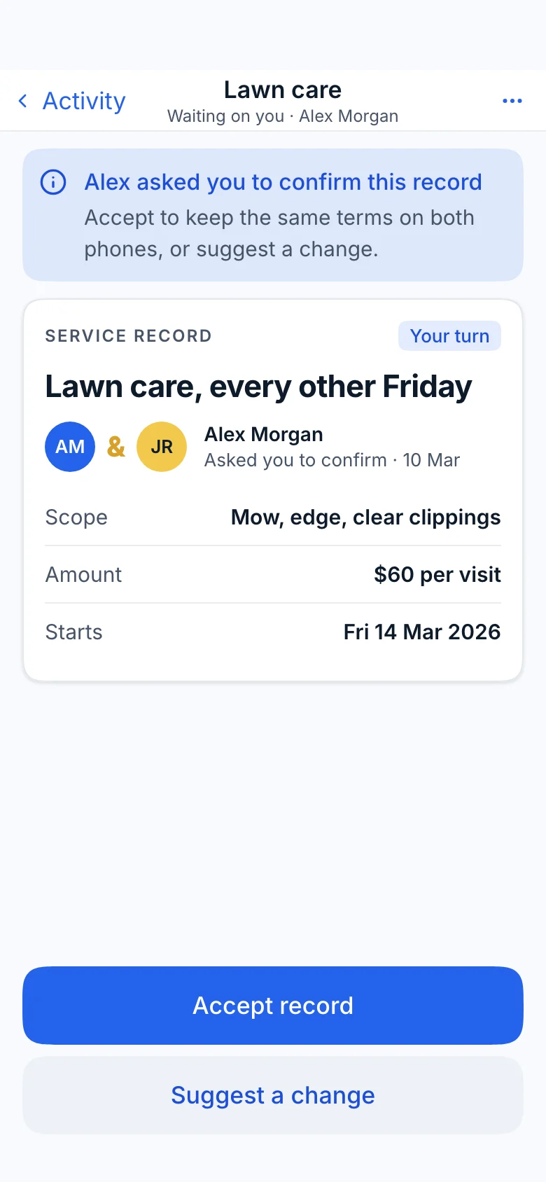 The invitation screen on the other person’s phone, with Accept and Suggest a change